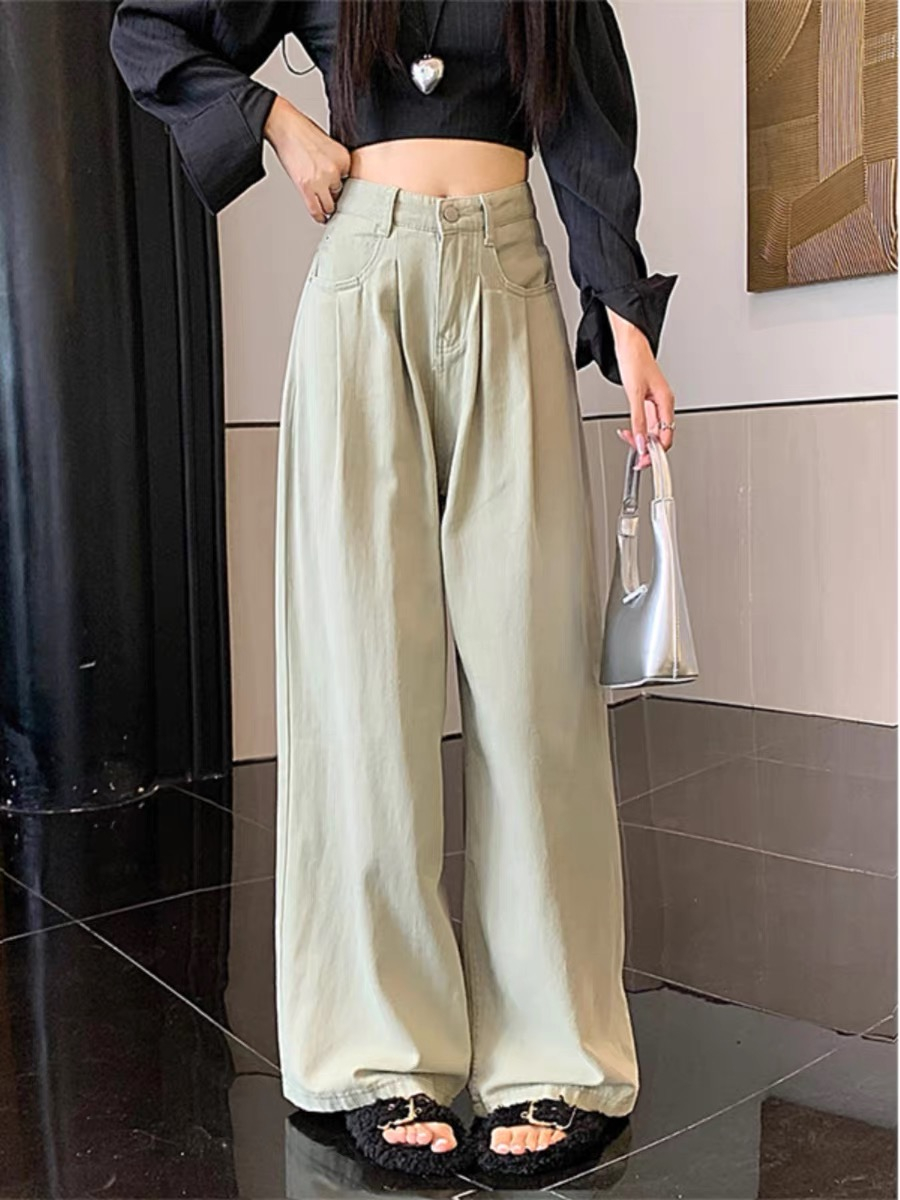 復古綠色牛仔褲女秋季2023新款高腰顯瘦寬鬆闊腿拖地褲直筒長褲潮