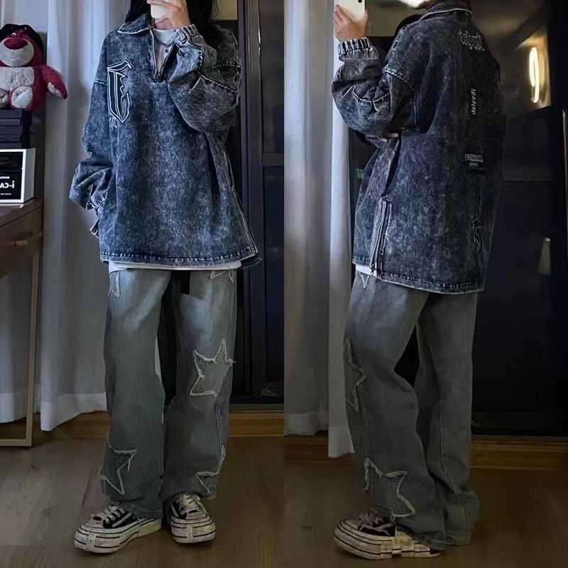 高街五角星星刺繡牛仔褲女秋季2023新款高腰顯瘦寬鬆直筒闊腿長褲