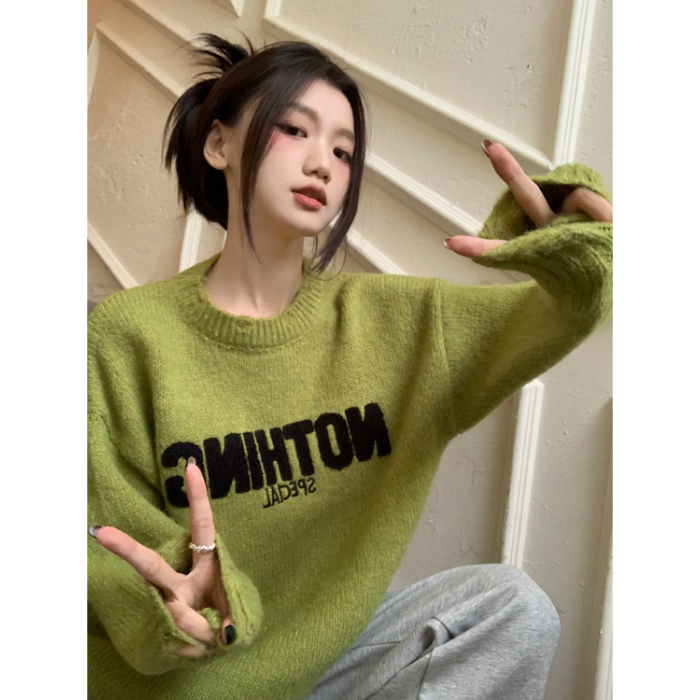 品質灰色字母刺繡圓領長袖針織衫女秋冬季寬鬆風套頭外穿毛衣