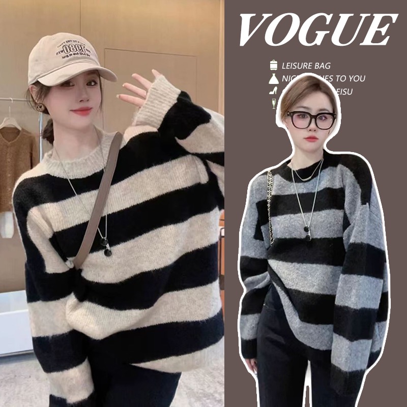 Black and white striped contrast sweater for women autumn and winter 2023 new Japanese style lazy retro soft waxy knitted pullover top