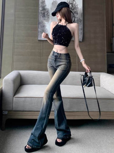 American high street micro-flare jeans for women, old retro autumn new tight high-waist fashion floor-length jeans