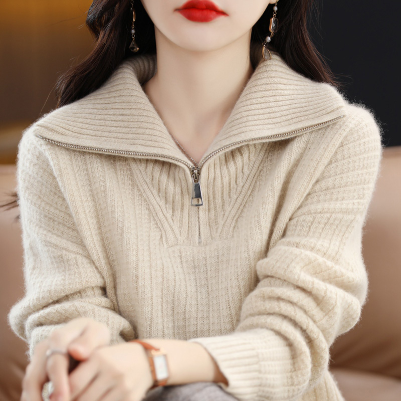 秋冬新款羊絨衫女高翻領拉鏈加厚外穿毛衣寬鬆休閒羊毛針織打底衫