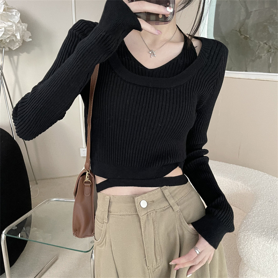 Real shot design niche V-neck long-sleeved sweater for women autumn slimming solid color versatile top