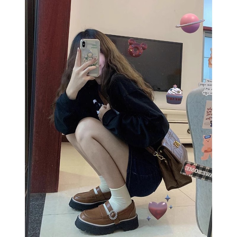 重磅加絨加厚黑色衛衣女秋冬款美式復古設計感小眾無帽寬鬆潮ins