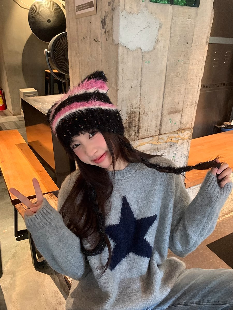 馨幫幫 上衣外穿寬鬆圓領灰色軟糯慵懶風套頭星星針織毛衣女秋冬