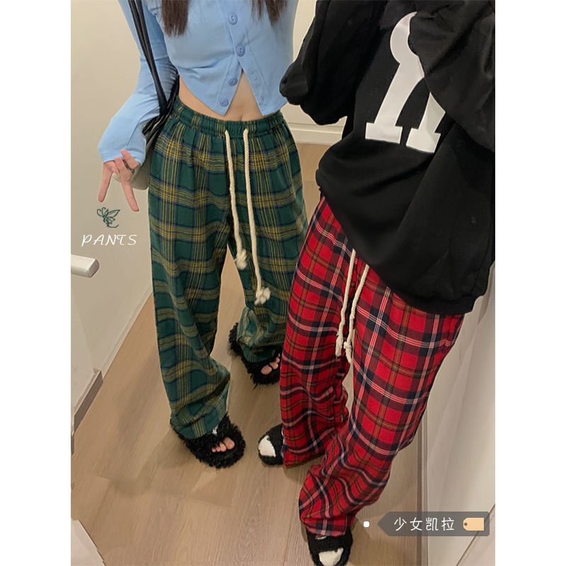 紅色格子休閒褲女春秋新款韓版高腰顯瘦復古寬鬆直筒闊腿褲