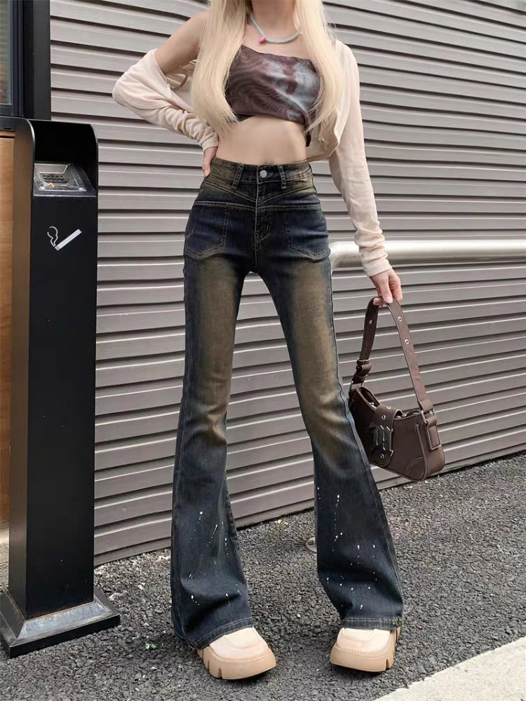 Hong Kong Style Retro Distressed Washed Jeans Women's Autumn High Waisted Slim Elastic Slim Straight Floor-Lasting Bootleg Pants