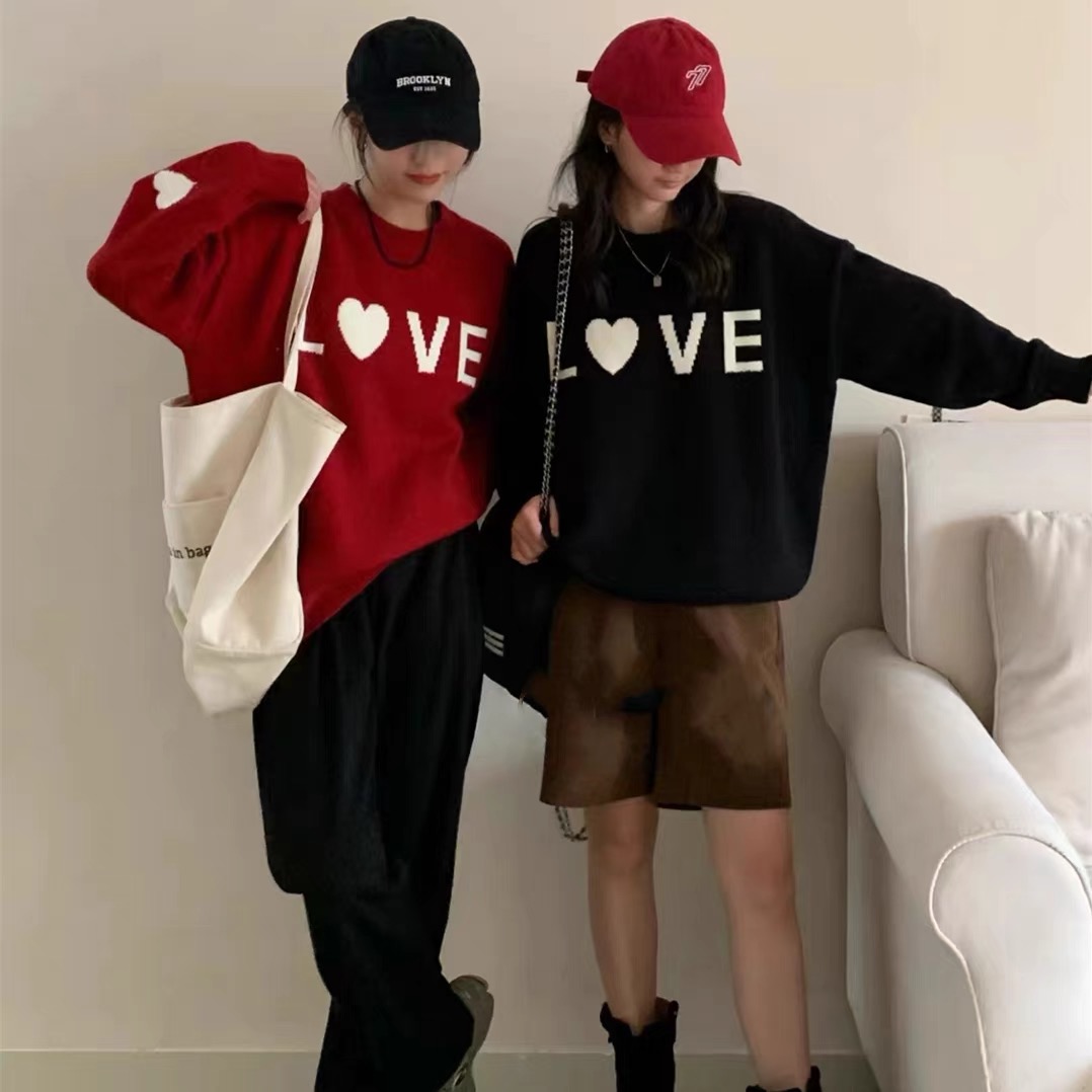 韓版愛心字母刺繡圓領套頭毛衣女秋冬新款寬鬆甜美百搭針織衫上衣