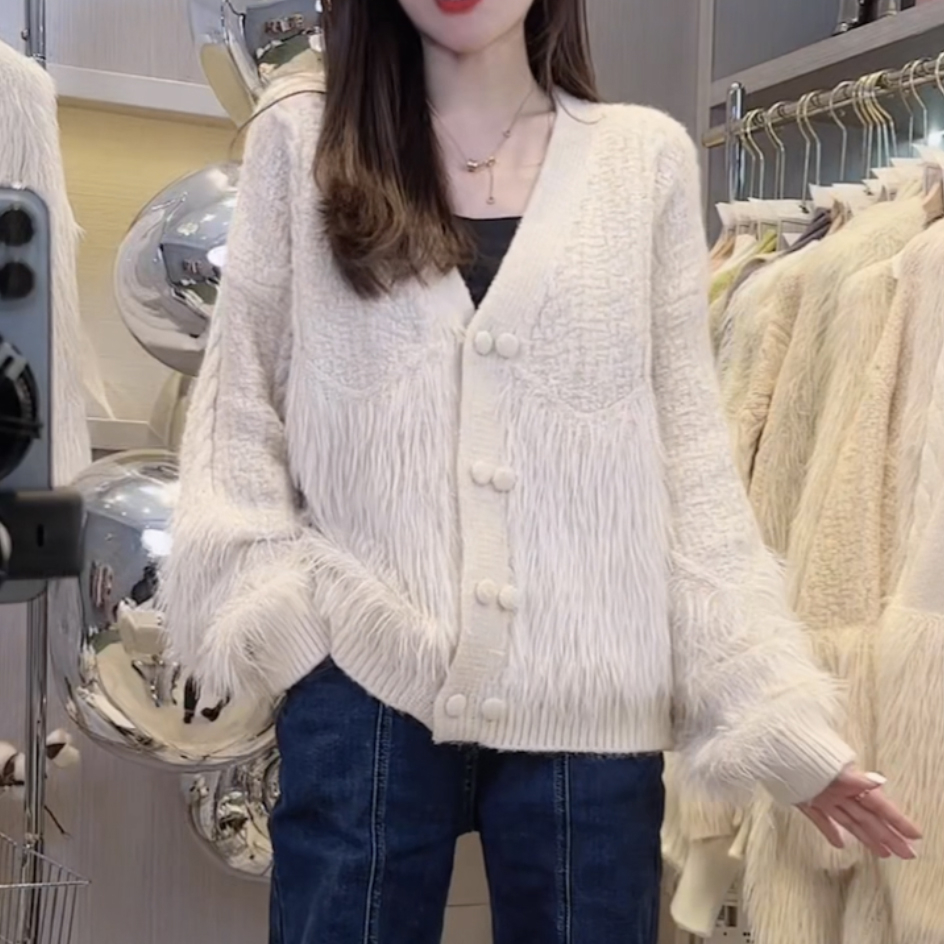 高質量氣質長袖V領拼接開衫外套女秋季洋氣針織毛衣高級感