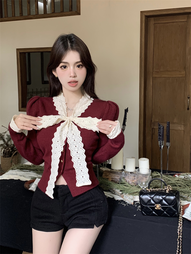 實拍 韓版單排扣綁帶蝴蝶結針織衫修身打底衫小眾別致上衣女