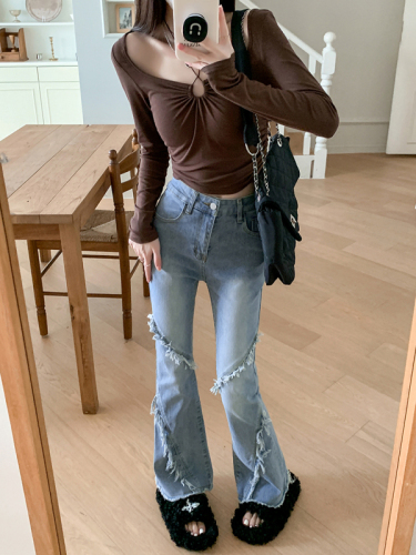 Real shot ~ Retro bootcut jeans for women in autumn  new style horse hoof pants high waist raw edge flared pants