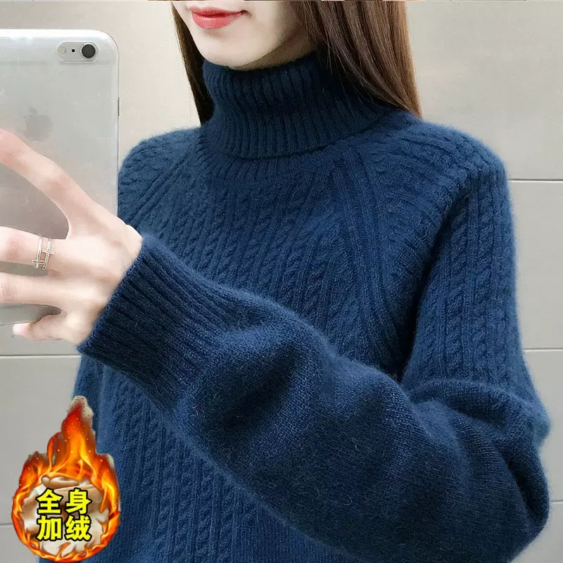 高質量純羊毛衫女新款高領毛衣女秋冬寬鬆套頭打底針織衫