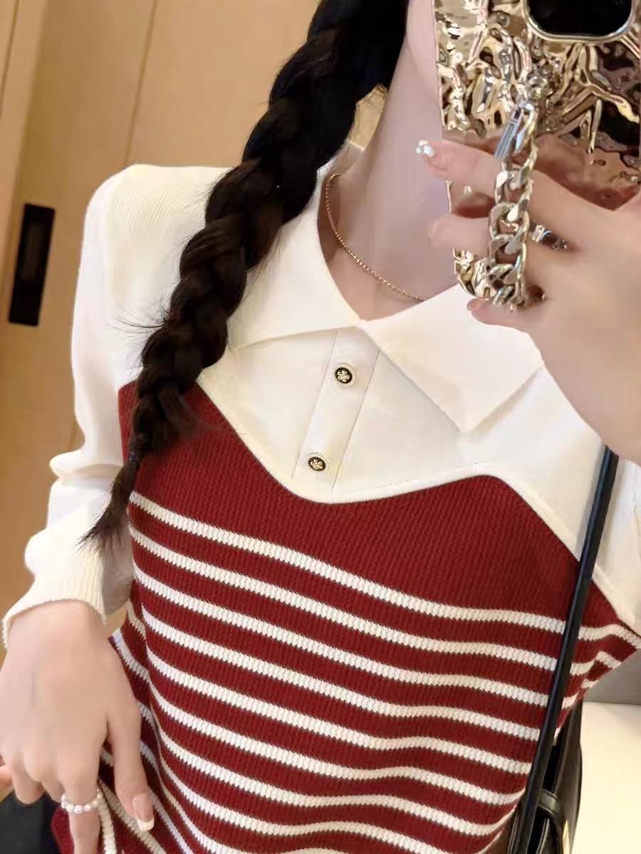 針織衫條紋上衣女2023年新款拼接雪紡袖子翻領撞色甜美氣質設計感