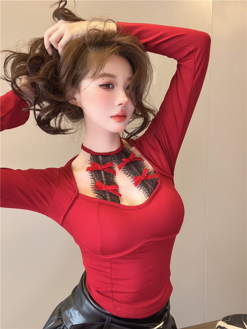 #實拍#蕾絲蝴蝶結掛脖露鎖骨長袖T恤秋冬修身收腰短款打底衫上衣