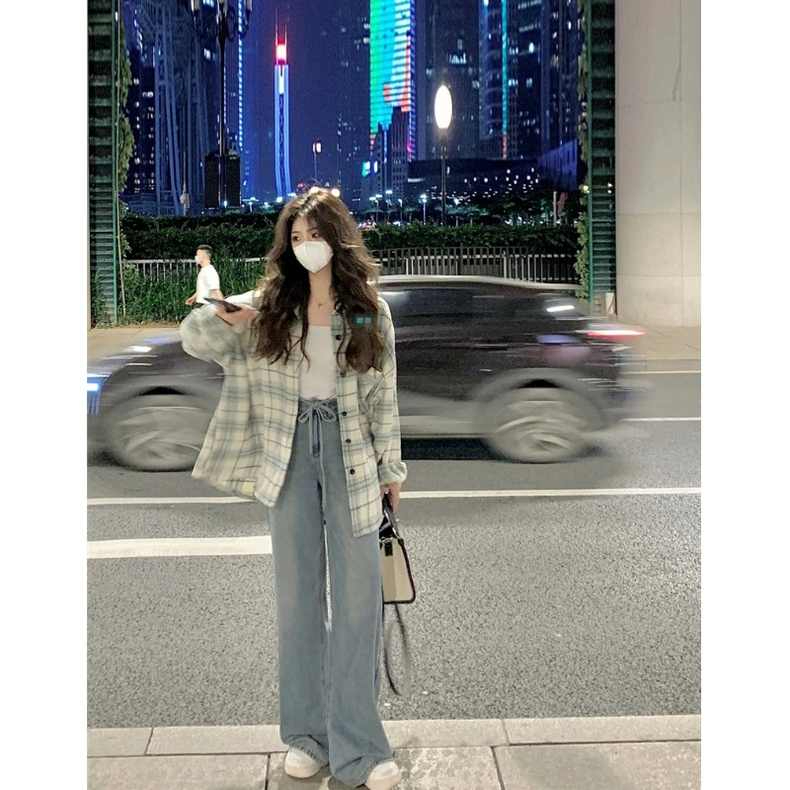 格子襯衫上衣女2023秋季新款學院風法式設計感小眾寬鬆襯衣外套