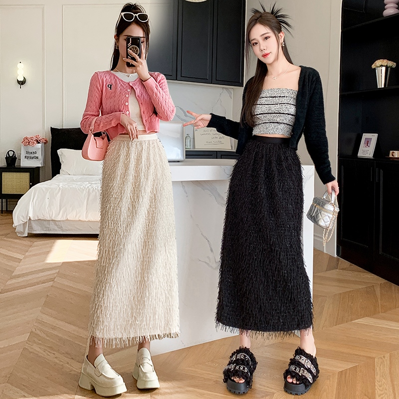 Actual shot of the new elastic waist tassel skirt, feminine and elegant, straight slit mid-length skirt, autumn and winter OL celebrity style