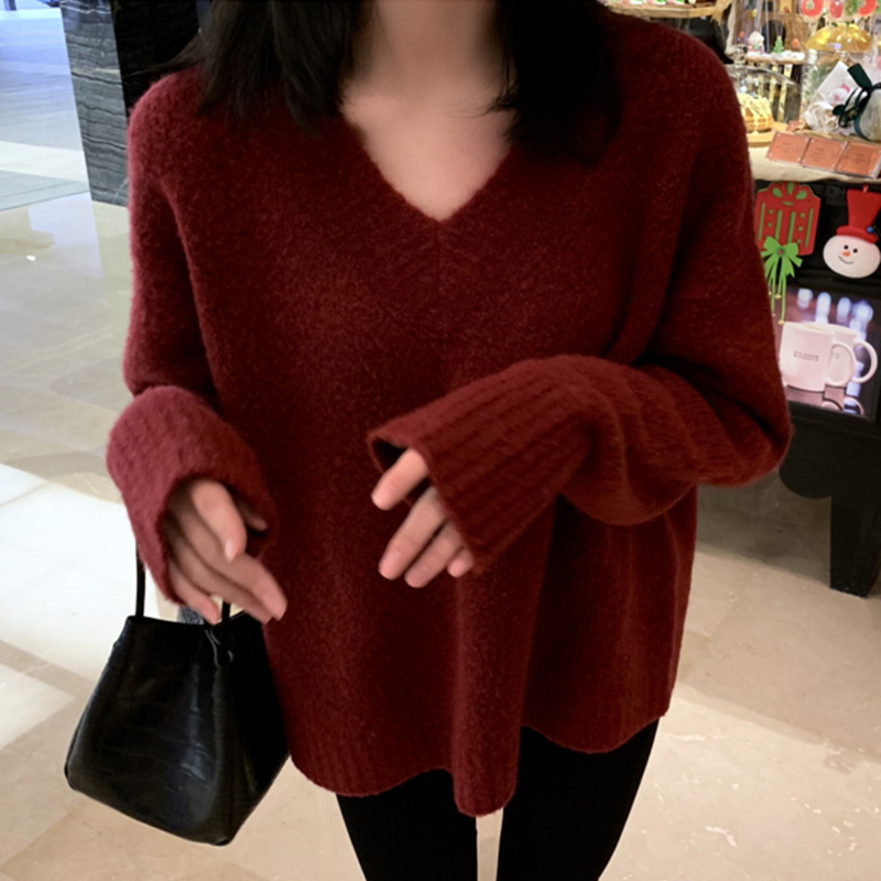 車厘子紅色v領毛衣女學生秋冬chic復古寬鬆套頭慵懶風針織衫