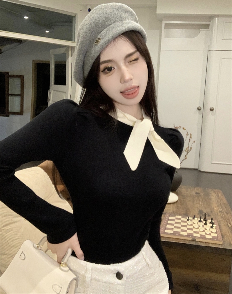 實拍 秋冬法式優雅赫本風撞色蝴蝶結領顯瘦針織衫上衣毛衣女