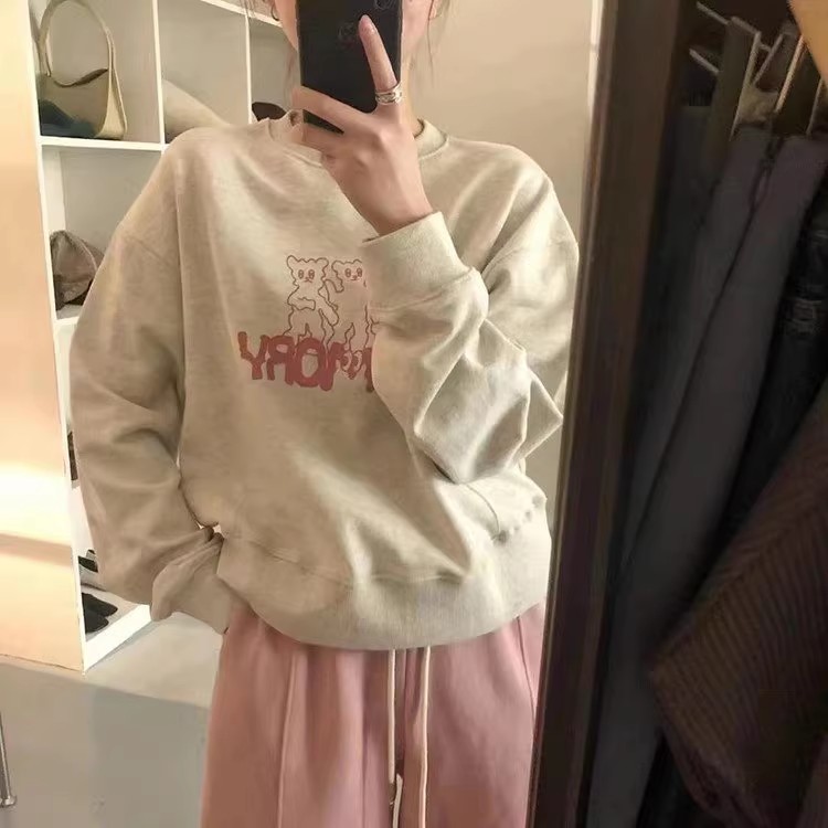 美式復古卡通長袖圓領印花毛圈衛衣女秋小眾寬鬆短款內搭上