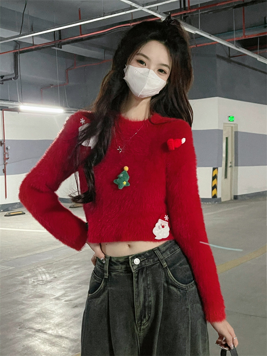 Real shot New Year red sweater women's autumn and winter solid color Christmas heavy industry three-dimensional decorative knitted top