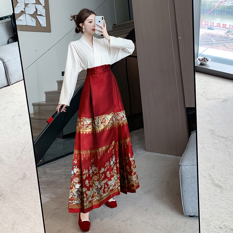 實拍 冬季新款飛機袖針織衫新中式紅色馬面裙婚服套裝配呢子外套