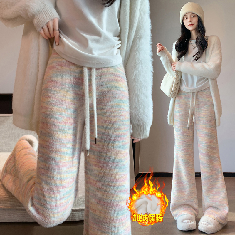實拍 加絨彩虹糯米褲女2023秋冬高腰垂感休閒直筒軟糯針織微喇褲