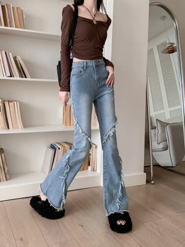 Real shot ~ Retro bootcut jeans for women in autumn  new style horse hoof pants high waist raw edge flared pants