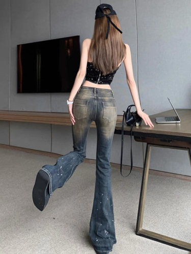 American high street micro-flare jeans for women, old retro autumn new tight high-waist fashion floor-length jeans