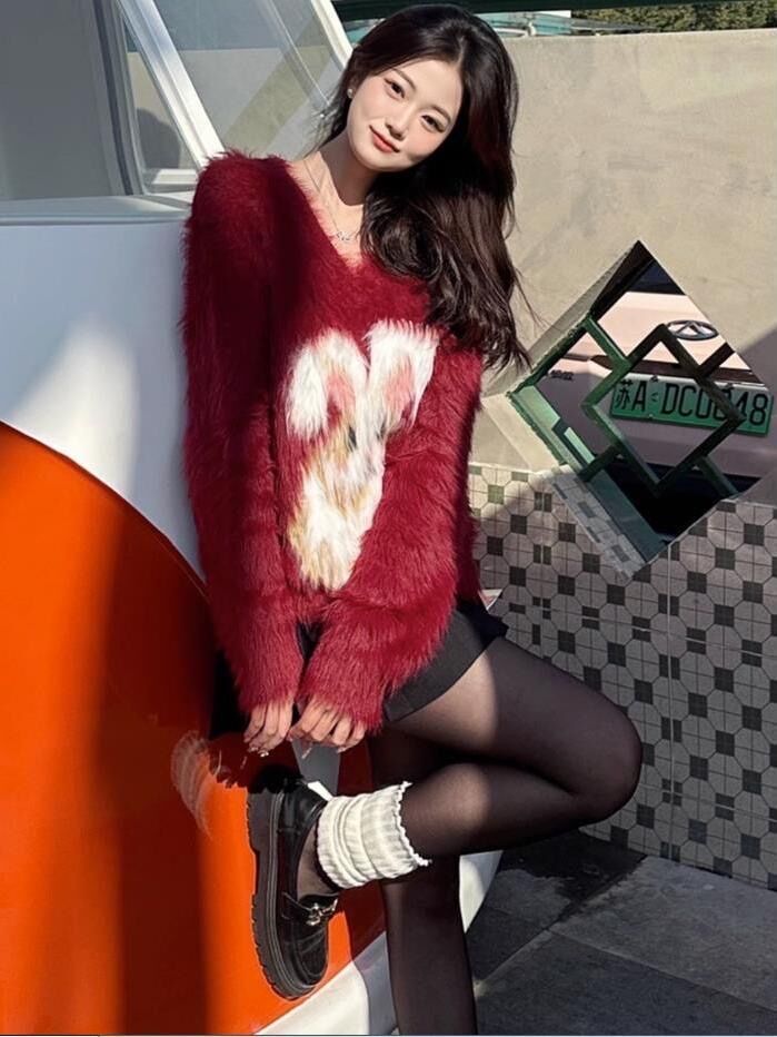 早秋裝美式復古水貂絨v領兔子毛衣女秋冬季針織衫上衣中長款
