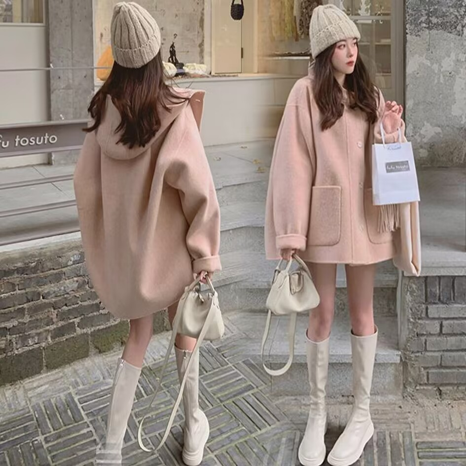 Xiaoxiangfeng rose pink cloak woolen coat for women autumn and winter 2023 new hooded double-sided woolen coat