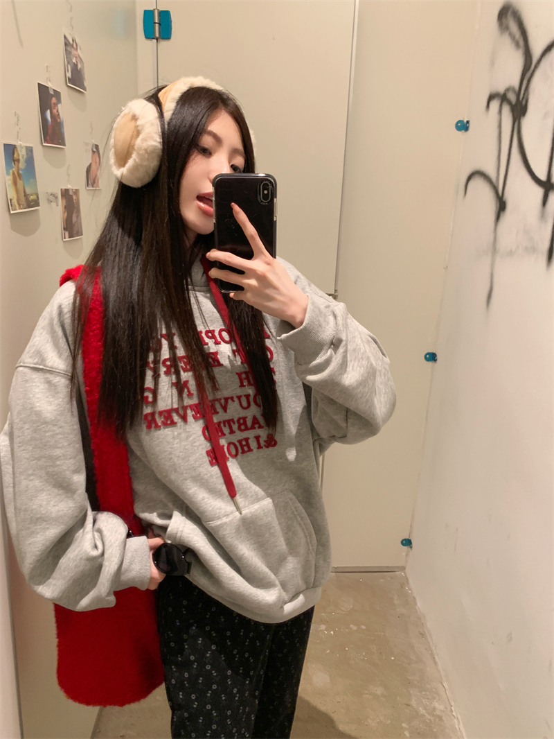 實拍 加絨加厚設計感美式寬鬆百搭印花連帽衛衣加絨 褲子套裝