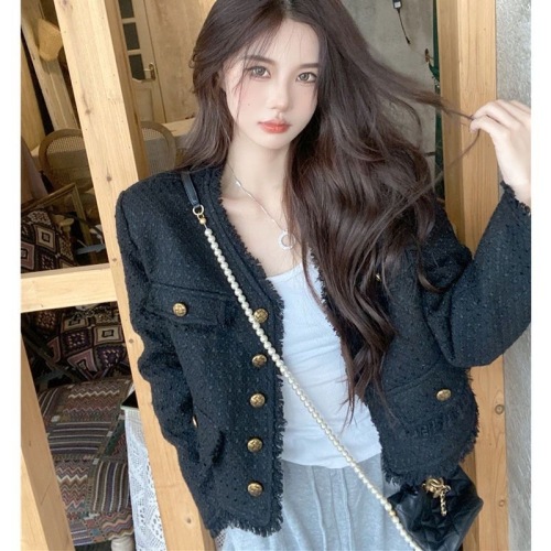 Western black small fragrant style coat autumn and winter long-sleeved fringed lady style loose versatile cardigan short coat for women
