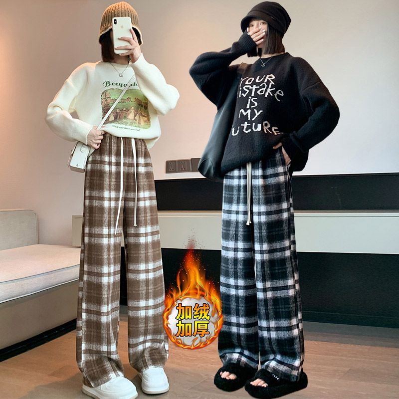復古格子褲女秋冬2023新款高腰垂感毛呢闊腿褲加絨直筒休閒拖地褲