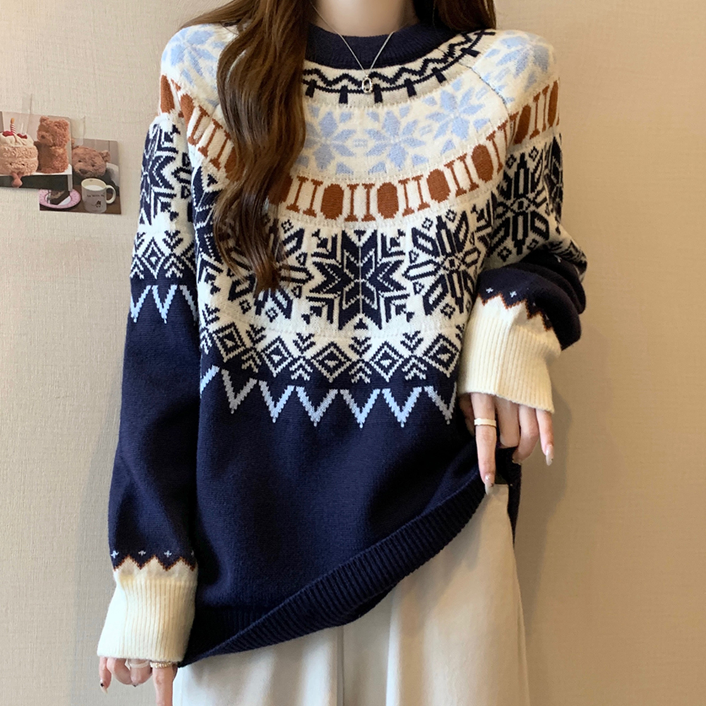 實拍大碼女裝2023冬季新款聖誕節雪花毛衣胖MM百搭寬鬆毛針織衫