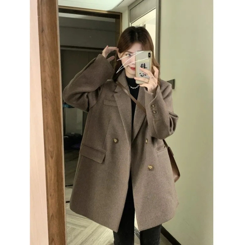 High-end suit woolen coat for women  autumn and winter new style retro small person loose thickened woolen coat