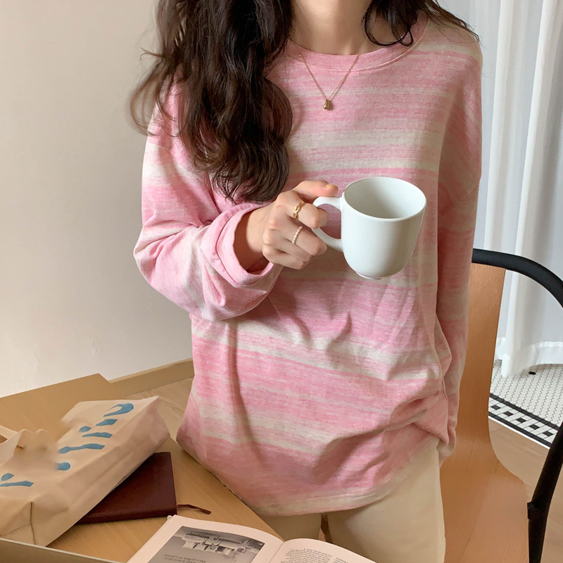牛奶絲 條紋圓領長袖T恤女裝秋季設計感寬鬆