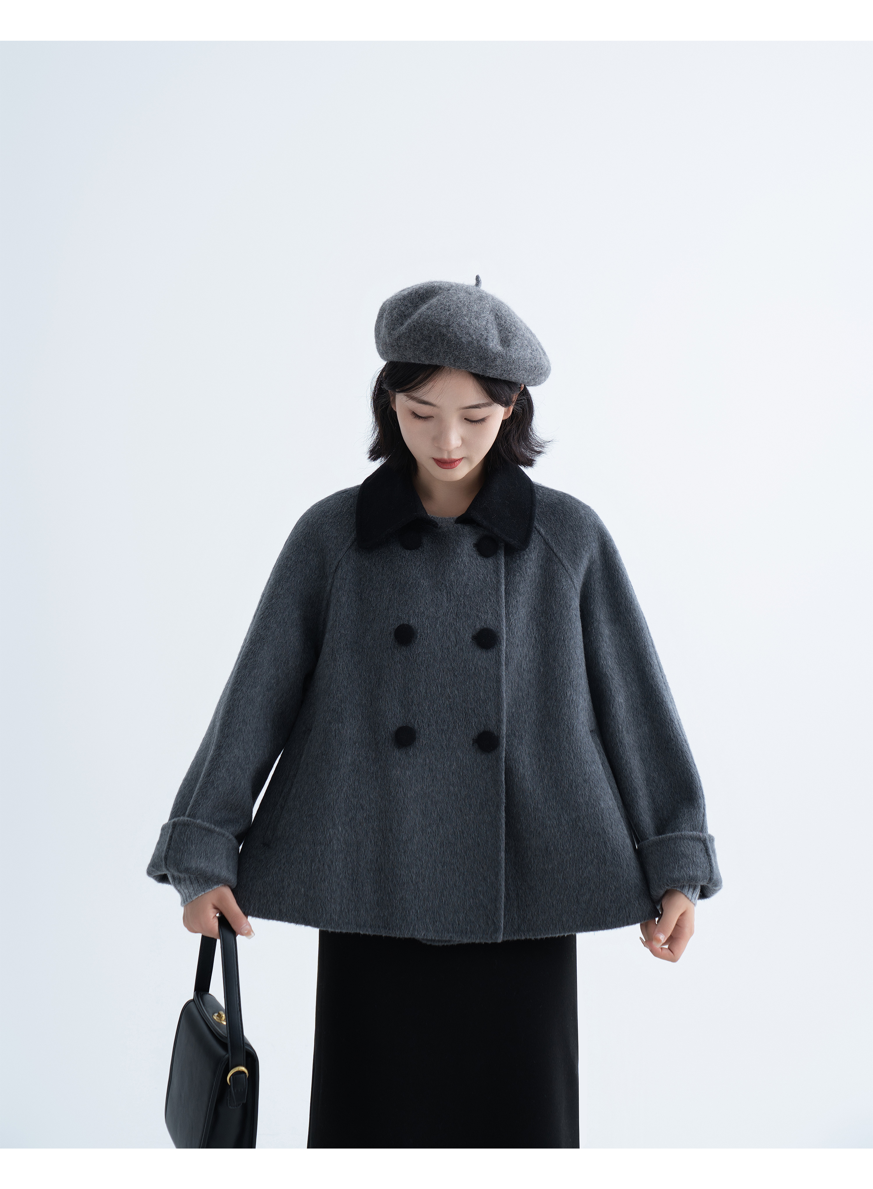 High quality gentle style doll collar color matching double-sided woolen coat autumn and winter women's Hepburn short coat