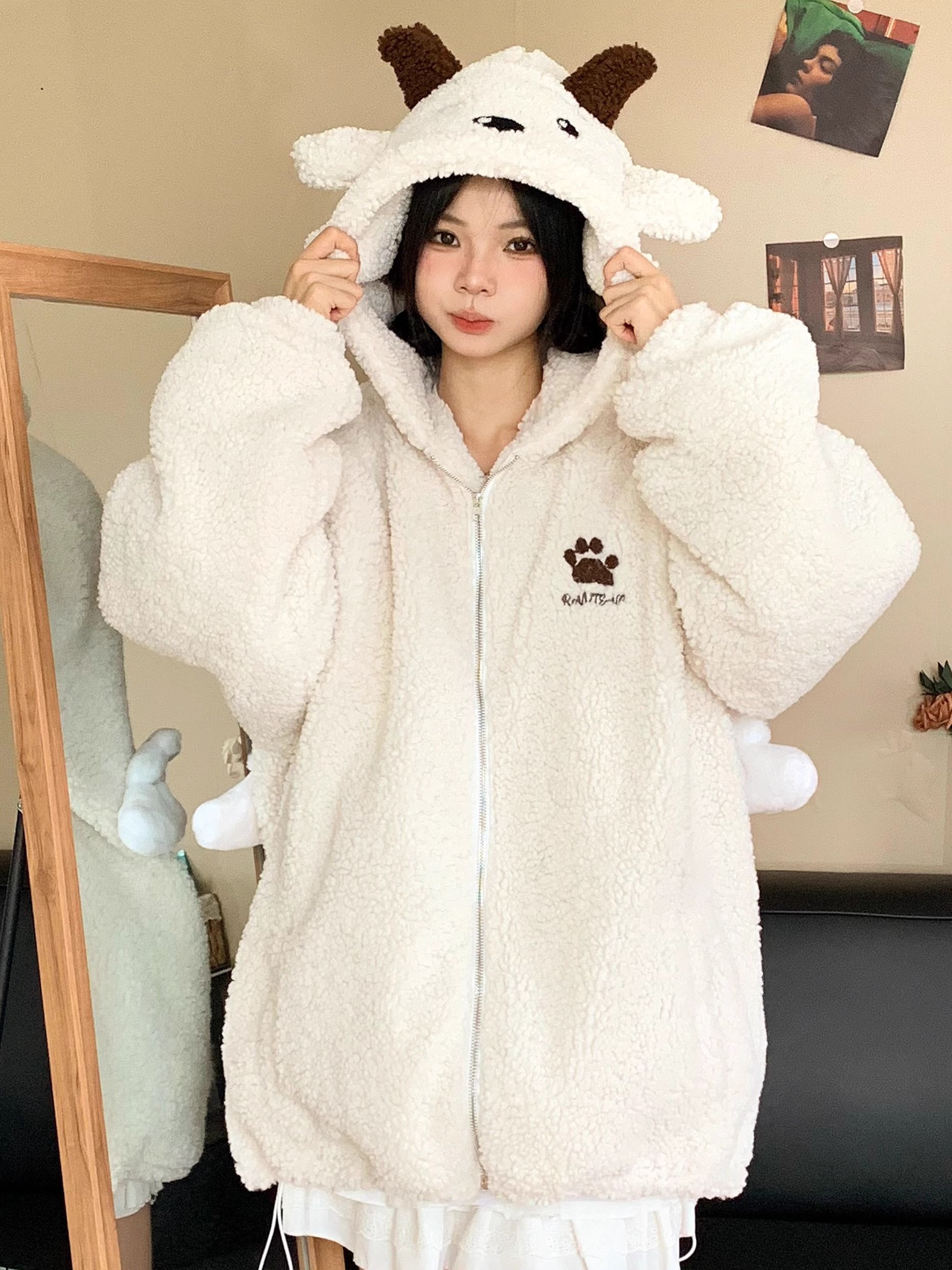 500g Guangzhou Lamb Wool Lazy Sheep Ears Cute Hooded Jacket Women's Loose Velvet Thickened Cotton Clothes