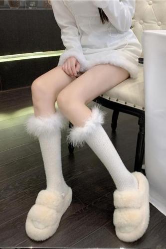 Real shot~Winter Christmas red calf socks feather thickened half tube socks warm plush floor socks home
