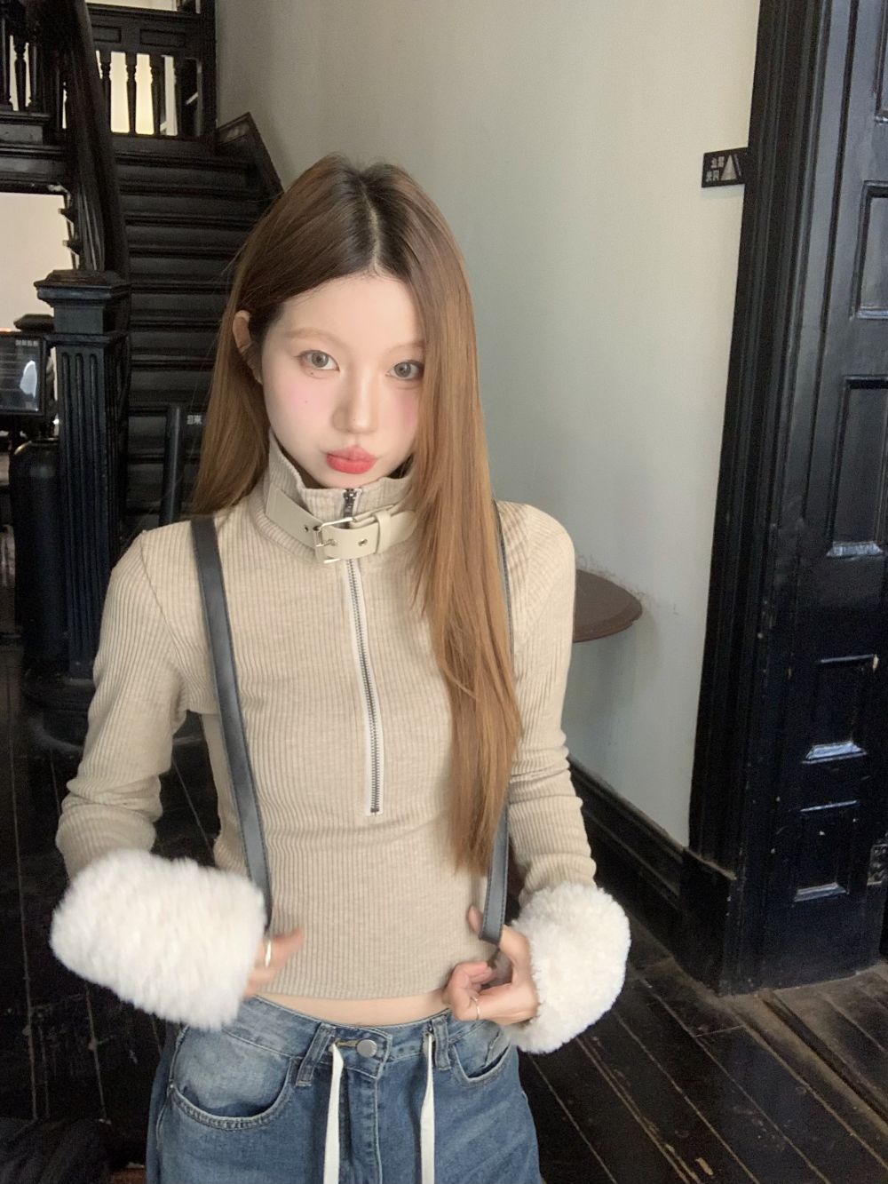 實拍三標齊設計感針織打底衫女外穿上衣內搭立領加絨拉鏈毛衣