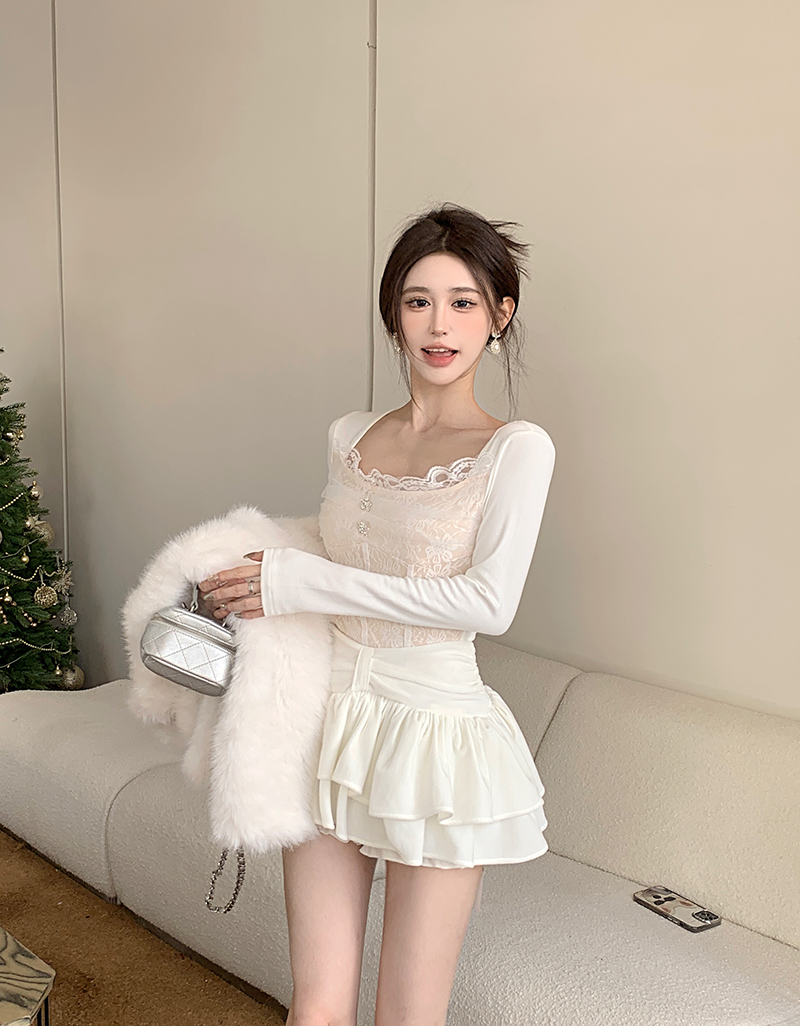 實拍！奶欲少女辣妹純欲長袖上衣拼接蕾絲花邊加絨打底衫2366