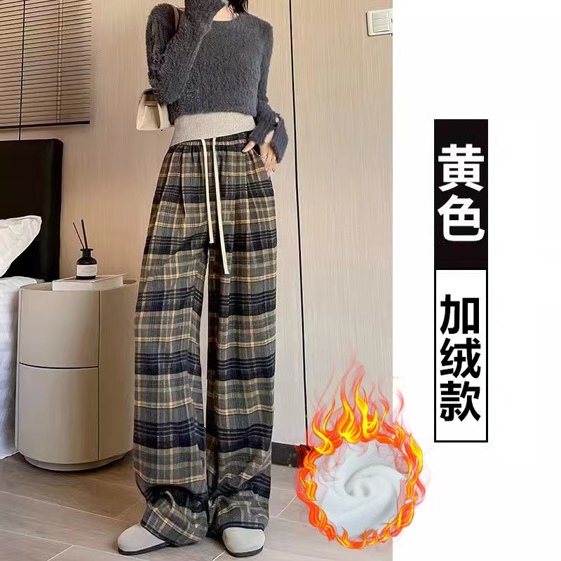 原版質量 設計感小眾秋冬新款美式復古磨毛格子直筒休閒長褲子女