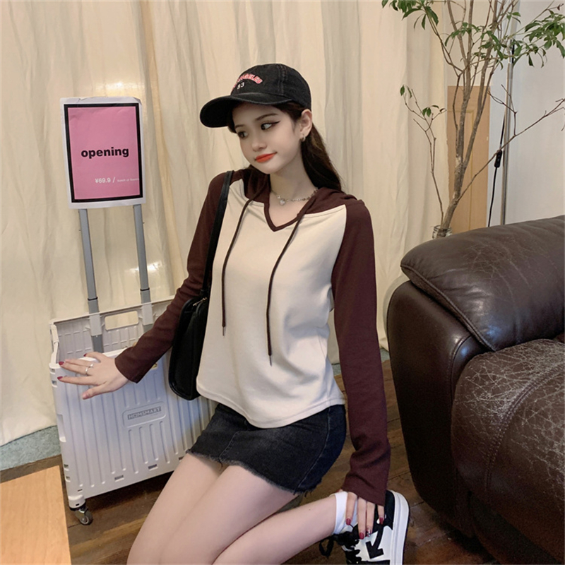 減齡少女撞色抽繩設計感連帽秋季新款韓版甜美長袖t恤上衣女ins潮