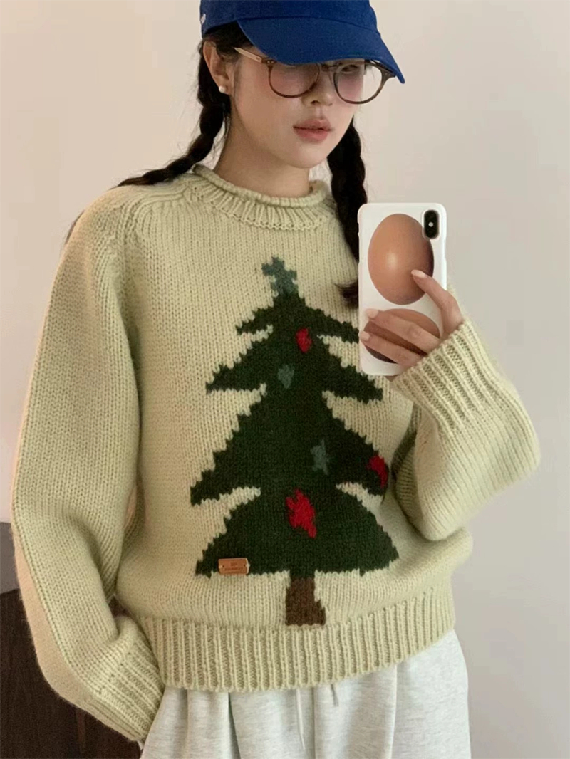 韓版小樹提花寬鬆風秋冬毛衣女時尚減齡甜美百搭套頭針織衫潮