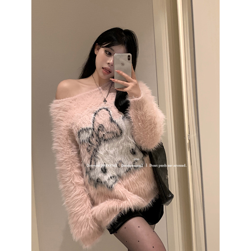 卡通提花軟糯套頭毛衣女秋冬季甜美寬鬆慵懶風針織衫仿水貂毛上衣
