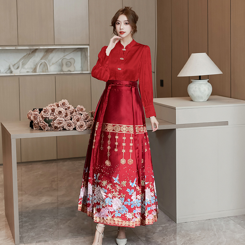 實拍 紅色漢服改良新娘敬酒服2023新款旗袍馬面裙新中式訂婚禮服