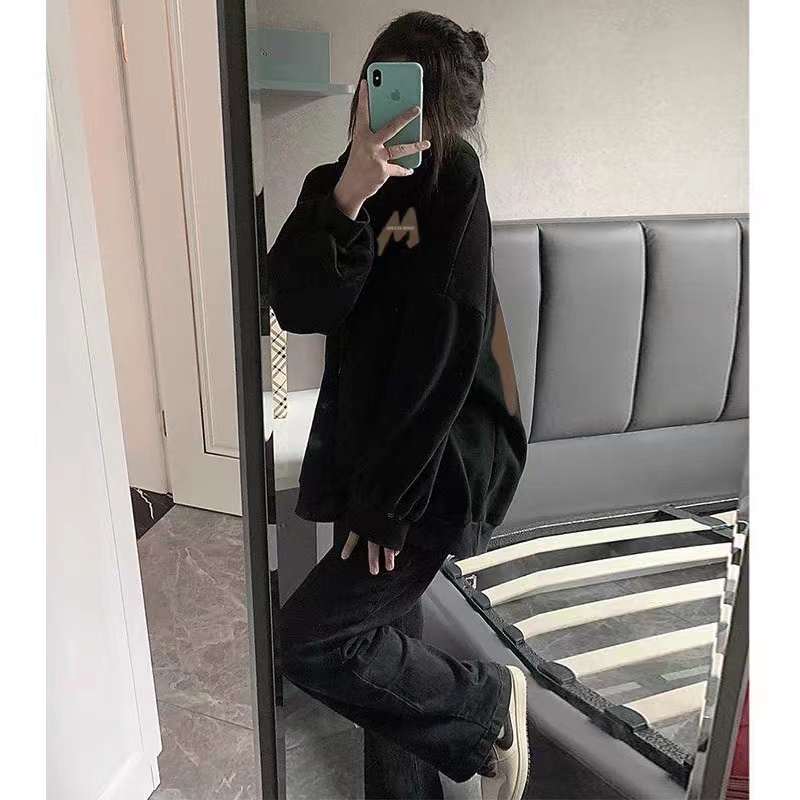 衛衣女2023新款加絨加厚黑色連帽減齡上衣套裝