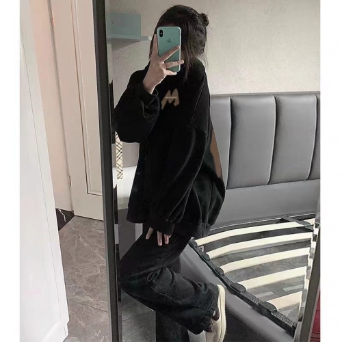 Women's  New Fleece-Lined Thick Black Hooded Sweatshirt Set