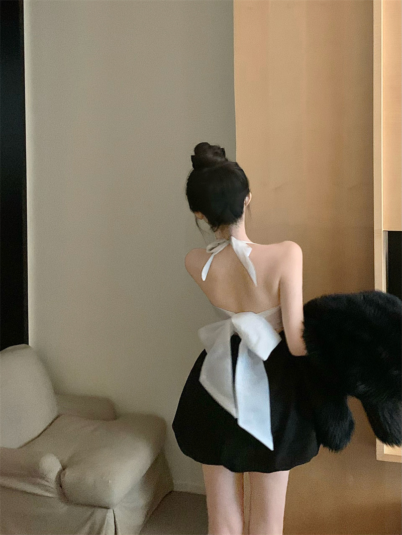實拍 甜辣黑色掛脖吊帶連衣裙蓬蓬短裙高腰抹胸公主裙內搭裙