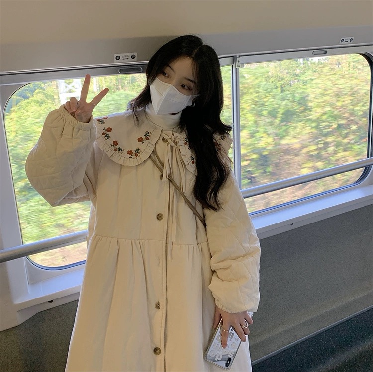 Actual shot of new autumn and winter women's jackets, college style casual, Japanese style cotton and linen long doll collar, long sleeves, fresh